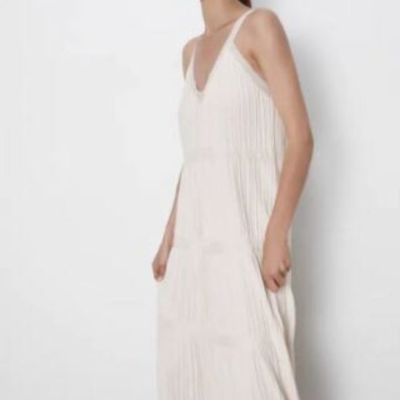 ZARA BANDAGE Knit Pleated Midi Dress Ivory Stretch Sleeveless V Neck Viscose L - Picture 8 of 16
